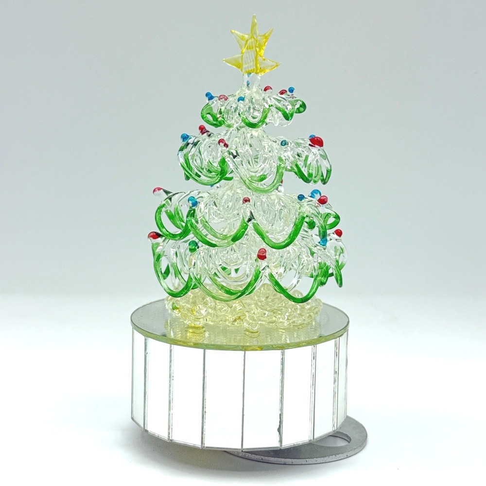 Enesco Musical Spun Glass Christmas Tree 1989 Mirrored Rotating Vintage Retro